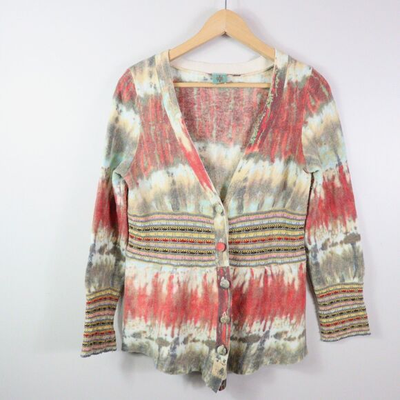 Anthropologie HWR Monogram Dip Dye Button Front Peplum Sweater L - Picture 1 of 6